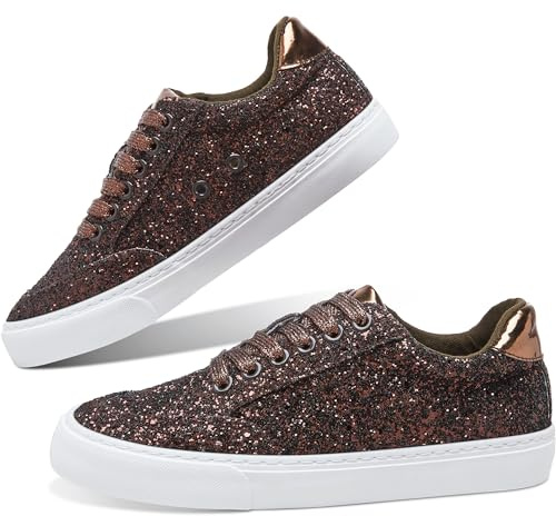Jeekopeg Glitzernde modische Sneaker-Schuhe, glänzende Freizeitschuhe, glitzernde Pailletten, Konzert, niedrig geschnitten, Schnürschuhe, Brauner Glitzer, 7 Women/6 Men