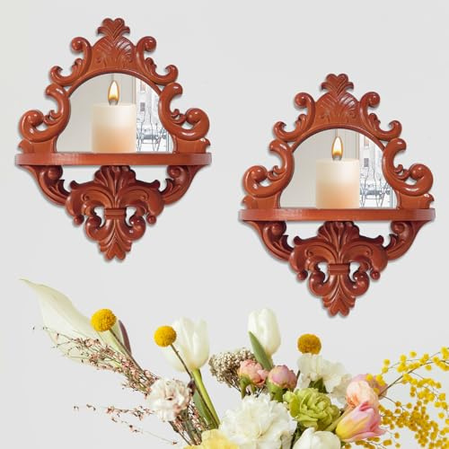 Three-Dimensional Relief Candle Sconces Set 2 Rustic Wall Mount Candle Holders Wood Hanging Wall Decor Mirrored Wall Art Hand Carved Home Decoration Brown