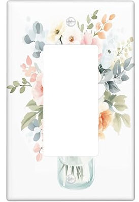 Floral Light Switch Cover Plate, Pastel Peach and Blue Spring Bloom Single Rocker Wall Plates, Summer Home Decor, Standard Size Thermoplastic Plate Cover Single Rocker