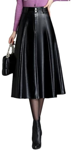 Jupe trapèze en cuir pour femme, taille haute, élégante, chic, ample, décontractée, pour le bureau, Noir , 3XL