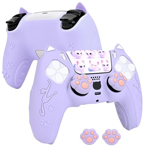 DLseego Silikonhülle für PS5 Controller, Niedliches Kätzchen Anti-Rutsch Schutzhülle Griffe Skin für PS5 mit 2 Joystick Caps und 2 Touch Pad Stickern,rutschfest, Sratzfest und Stoßdämpfend,Lila