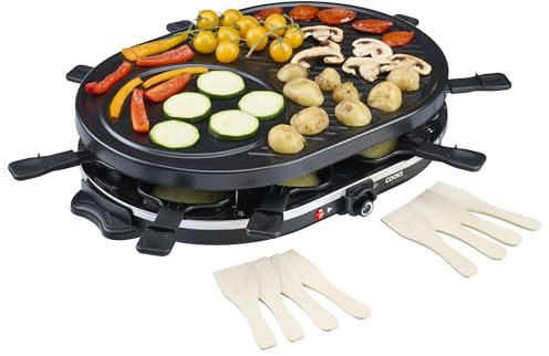Cooks Professional Electric Raclette Grill 1200W with Metal Plate | Includes 8 Cheese Fondue Pans, Wooden Spatulas, Non-Stick Grilling Surface & Thermostat Control | Perfect for Parties & Group Dining