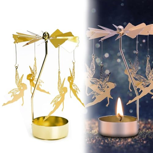 VIDSTW Teelicht Karussell Karussell Weihnachten Kerzenhalter Goldener Rotierender Kerzenhalter Metall Teelicht für Wohnzimmer Deko für Weihnachten Valentinstag Hochzeit Partydeko (Magische Fee)