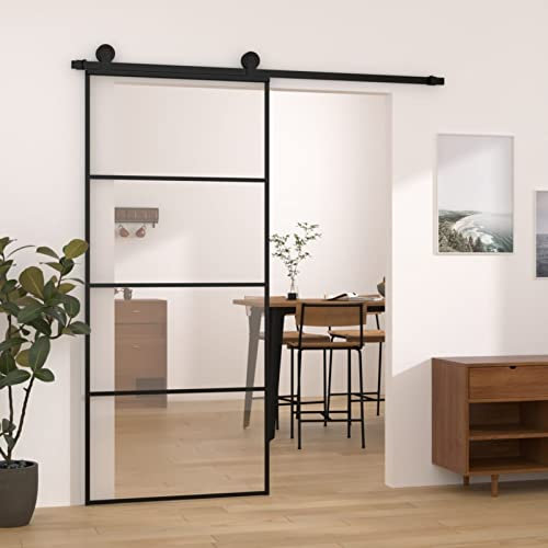 Homgoday Schiebetür mit Beschlag Schiebetürsystem Glasschiebetür Glastür Tür Schiebetürbeschlag Schiebetür Innentür ESG-Glas & Aluminium 90 x 205 cm
