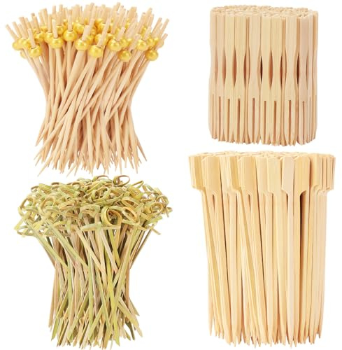 500PCS Cocktail Picks Kit, 4 Styles Fancy Toothpicks for Appetizers, 3 Sizes Long Bamboo Skewers, Decorative Wooden Cocktail Sticks for Party Supplies Food Drinks Fruit Charcuterie Boards Accessories