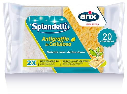 Arix | 40 Spugne Glitty Antigraffio in Cellulosa Linea Splendelli, Spugna Cucina Delicata per pentole Antiaderenti, Vetroceramica, Tegami Smaltati, Vetro, Cristalli, 20 Confezioni, Made In Italy