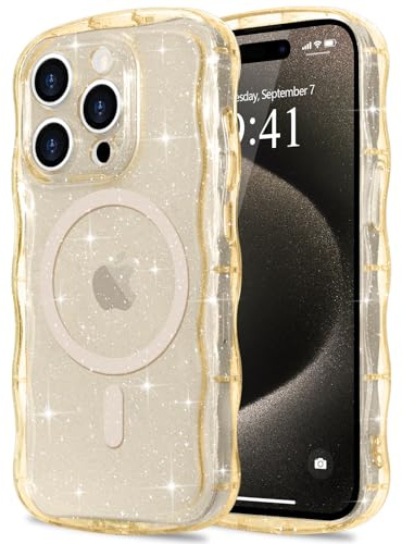 Pepmune für iPhone 15 Pro Max Hülle Glitzer Kompatibel mit MagSafe, Gold | Transparent Wellenform Handyhülle. Wellen Design TPU Bumper Silikon Case. Stoßfest Schutzhülle für Mädchen.
