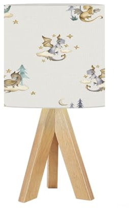Bedside Table Lamp Tripod Desk Lamps for Living Room Bedroom Dragon Baby Animals Watercolor Seamless Pattern Wooden Base Lampshade Kids Small Light Reading Nightstand Shades