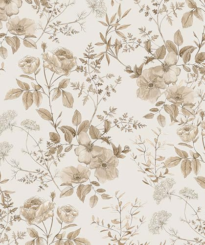 Erfoni 16.9 x394 Beige Floral Peel and Stick Wallpaper Boho Floral Leaf Contact Paper Boho Self Adhesive Wall Paper Flower DIY Removable Decoration Wallpaper for Livingroom Accent Wall Covering