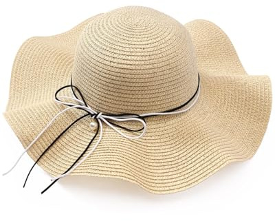 FUGLUS 1pcs Damen Boho Strohhut Faltbarer Sonnenhut Strandhut Sommerhut mit Breite Krempe Schleife für Reise Urlaub und Strand