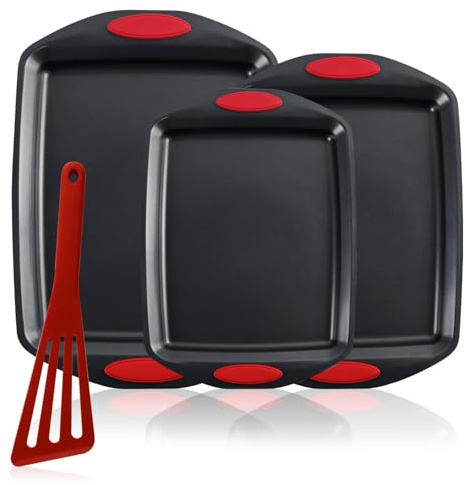 Nonstick Bakeware Set of 3, Cookie Sheets Oven Baking Tray, Oven Tray Baking Pans Roasting Baking Tins with Silicone Handles