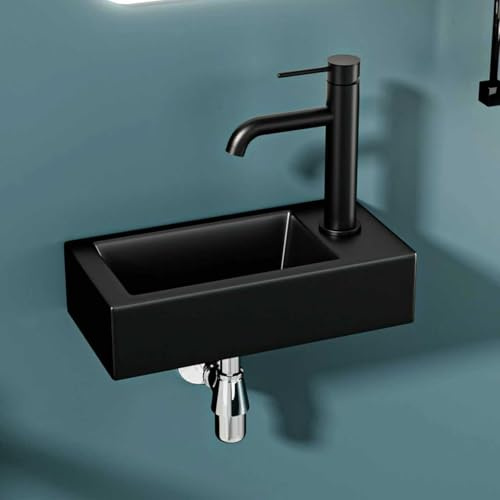 DILECI – Vasque Lave-Mains Compacte Noire Mate Sortie Droite 36,5x18x9 cm – Lavabo Rectangulaire en Céramique – Idéal Toilettes, Petites Salles d’Eau et Coins Exigus – Design Moderne Élégant