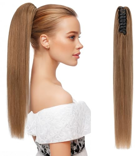 MY-LADY Pferdeschwanz Haarteil mit Klammer Echthaar, 40cm Lang Claw Clip in Ponytail Extension Natürlich Glatt Haarextension Zopf #06 Hellbraun 105g