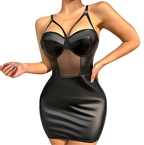 Trasgressivo Donna Sexy Shop Hot Oggetti Donna Abito da 1pc Sexy Senza Maniche con Cerniera Frontale in Pelle Pu Attillato Lingerie Reggiseno Secret Body Aperto sotto Black L
