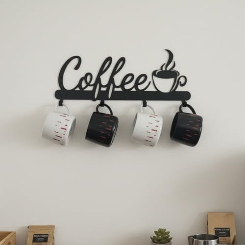 Aimto Black Metal Wall Mounted Coffee Mug Holder,with 4 Hooks and Metal Sign Modern Coffee Sign for Kitchen, Bar Station Accessories Decor