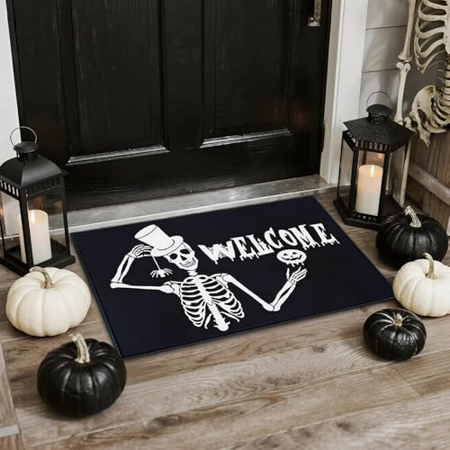 Yesmoyhe Halloween Deko Fußmatte, 60 * 40cm Totenköpf Teppich, Horror Fußmatte, Gruselige Halloween Haustür Teppich, Totenkopf fußmatte Mit Willkommensgruß, für Halloween Dekoration