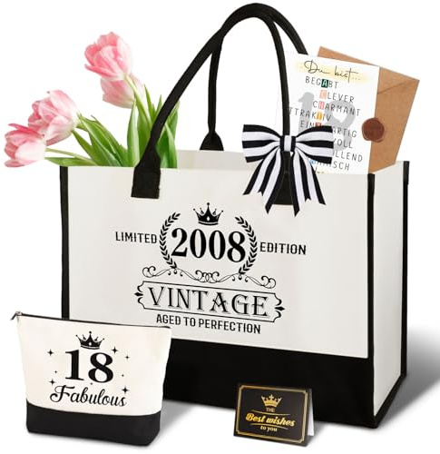 Giftota 18. Geburtstag Geschenk Mädchen – Vintage 2008 Canvas Einkaufstasche Tragetasche & Kosmetiktasche Set mit Grußkarte – 18. Geburtstagsgeschenk für Tochter, Schwester oder Nichte für Frauen