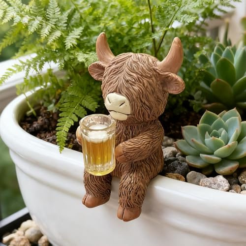 Blumentopf Hänger Hochlandrind Figur, Highland Cow Gartendeko für Draußen Figuren, Hochlandrind Deko Garten Figuren, Hängend Tiere Harz Statue, Highland Kuh Dekofigur für Brunnen Teichdeko Miniteich