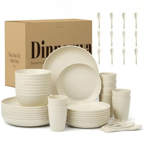 Wrova Reusable Camping Cutlery Set 48 Piece Plates and Bowls Set for 8 | Unbreakable Plastic Dinner Set Microwave & Dishwasher Safe, Reusable Cutlery Set for Party, Camping, Kitchen - Beige