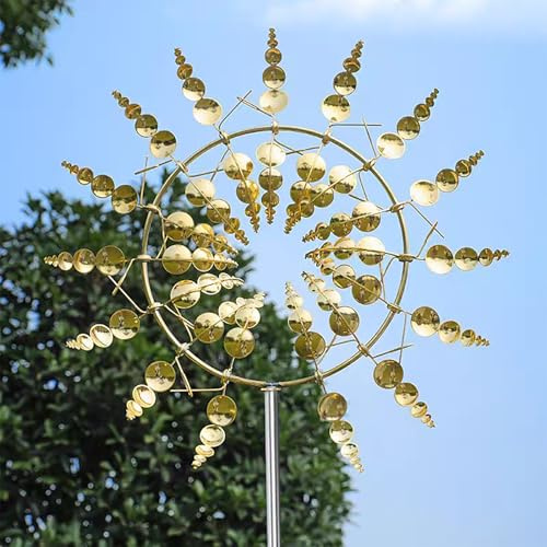 Einzigartige und Magische Metall Windmühle, 3D Windbetriebene Windspiel Garten, Gartenstecker Metall Wind Spinner, für Terrasse Rasen und Garten Dekoration (Gold)