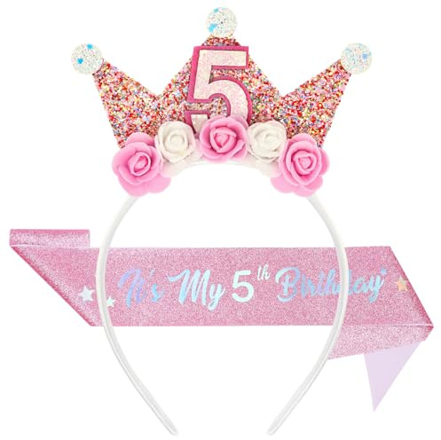 Alaoo 5 år födelsedagskrona, 5 år festleksak, krona födelsedag flicka med födelsedagshalsduk, glitter siffror och rosblommor, perfekt för barns födelsedagsfester och fester