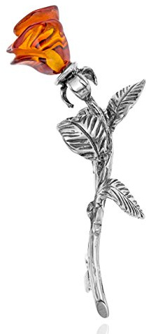 Copal Broche En Argent Avec Rose Et Ambre Fabriquée À La Main En Union Européenne