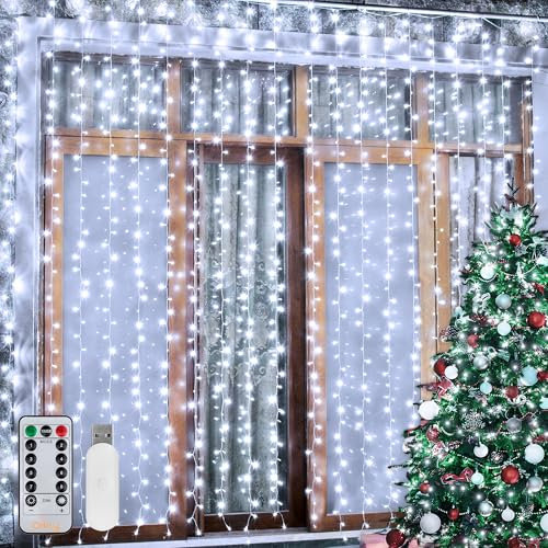 Ollny Cortina de Luces 3x3m, 300 LED Luz de Cortina USB con Mando a Distancia 8 Modos de Luz, Impermeable Función de sincronización para Navidad Bodas Fiestas Ventanasy Dormitorio(Blanco Frio)