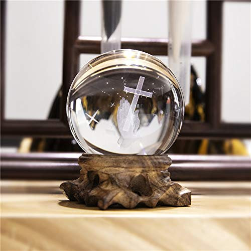 HDCRYSTALGIFTS 3D-Kreuzkugel-Briefbeschwerer aus Kristallglas, Fengshui mit Woonden-Basis (60 mm)