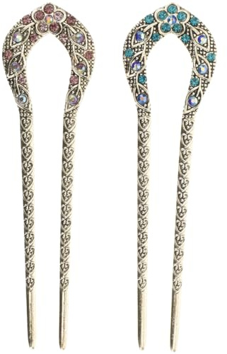 Minkissy Vintage Blue Rhinestone Hairpin 2pcs U Shaped Hair Sticks Updo pin Chinese Chopsticks -Accessories for Women Girls (Purple Blue)