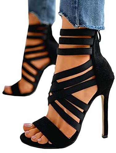 Onsoyours Sandali Donna Scarpe da Spiaggia Estate Moda Romano Partito Sandalo Cava Tinta Unita Sexy Tacco Spillo Alto Casuale con Zip Nero 35 EU