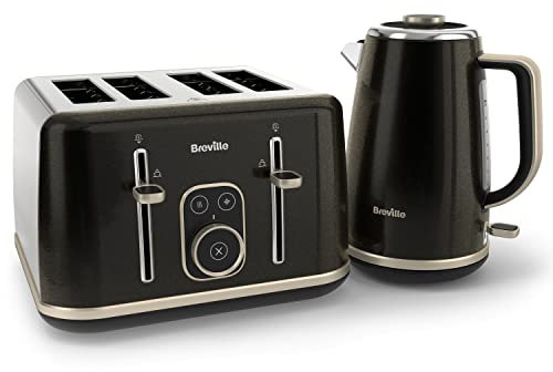 Breville Aura Black Kettle and Toaster Set | with 1.7 Litre, 3KW Fast-Boil Electric Kettle and 4-Slice High-Lift Toaster | Shimmer Black [VKT234 and VTR019]
