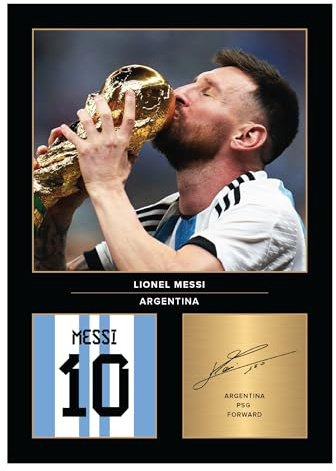 Icons Wall Art Fotodruck mit Lionel Messi-Weltmeisterschaft, A4, digital reproduzierte Unterschrift, Fußball-/Fußball-Fan-Geschenk, ungerahmt, Argentinien-Poster