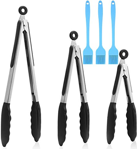 Küchenzange, Fleischzang Kochzange Hitzebeständige Silikonzange für Salat, Kochen, Grillen, Premium Edelstahl und BPA-freie Silikonspitzen 3er-Set (18 cm 23 cm 30.5 cm / 7 9”12) mit 3x Grillpinsel