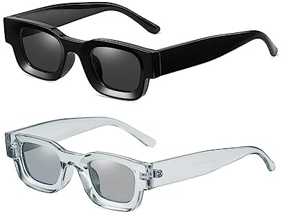 crazy bean Lunettes de Soleil Vintage Femme Rectangulaires 2 Paires Lunettes de Conduite Hommes Mode Protection UV400 Noir+Gris Taille Unique