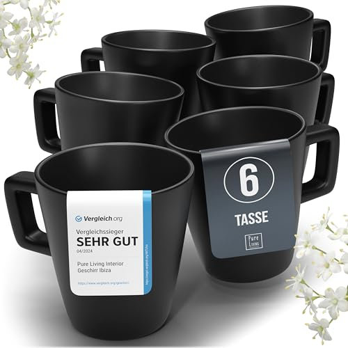 Manhattan Urban Black Line - 6-Piece Premium Stoneware Coffee Mug Set - Matte Black, Dishwasher and Microwave Safe - Stylish Tea and Coffee Cups, Perfectly Matching Dinner Sets for 6 People
