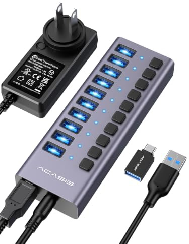 ACASIS 10-Port Powered USB 3.2 Hub, 10Gbps Data Speed, 48W Power Adapter | Aluminum housing, individual on/off switches, 10Gbps. Plug-and-play for Windows, Mac, Linux. Surge protection included