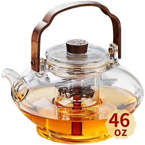Unbreakable - Large Glass Teapot with Removable Infuser, 44oz/1300mL Glass Tea Kettle Stovetop Safe, Blooming and Loose Leaf Tea Maker (44 oz)