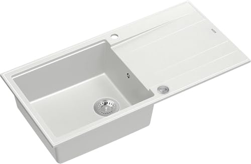 QUADRON Fregadero blanco y acero | tamaño 100 x 50 x 21 cm | fregadero de granito EVAN 146 XL fregadero de cocina de un seno | con sifón manual y escurridor | fregadero empotrable de 1 seno
