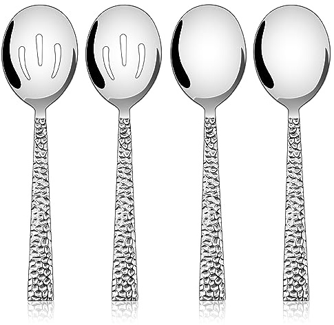 Hammered Serving Spoons, E-far 4-Piece Stainless Steel Serving Utensils Set - Solid Spoons x 2, Slotted Spoons x 2, Metal Hostess Serving Tablespoons for Catering Buffet Party Kitchen Restaurant