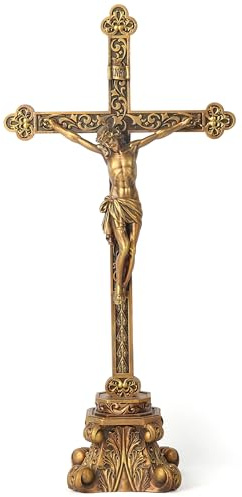 BC Catholic Standing Crucifix for Altar, Tabletop Crucifix Cross Inspirational Home Decor, Catholic Wedding Gift, Devout Gifts, Made of Resin, Vintage Gold Color Finish, 14.75 H Hand Painted by Buildclassic