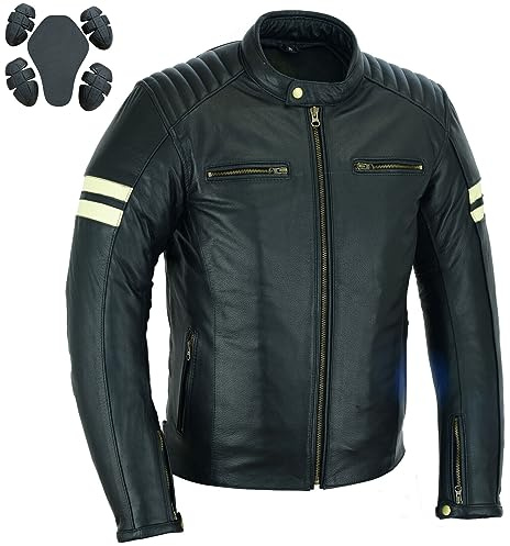 Bikers Gear - Chaqueta de cuero para motocicleta, Cafe Racer, chaqueta de motocicleta para hombre con armadura CE genuina, chaqueta de piel auténtica resistente a la intemperie, blanco/negro, 4XL