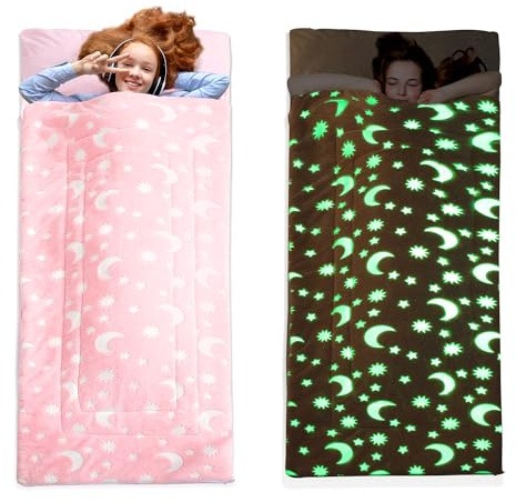 HOMBYS Im Dunkeln leuchtende Kinder-Schlafmatte, 213,4 x 76,2 cm, weiche Samtmatte mit Kissen und Decke, Pink, für Kinder, Mädchen, Jungen, LKW, Reisen, Camping