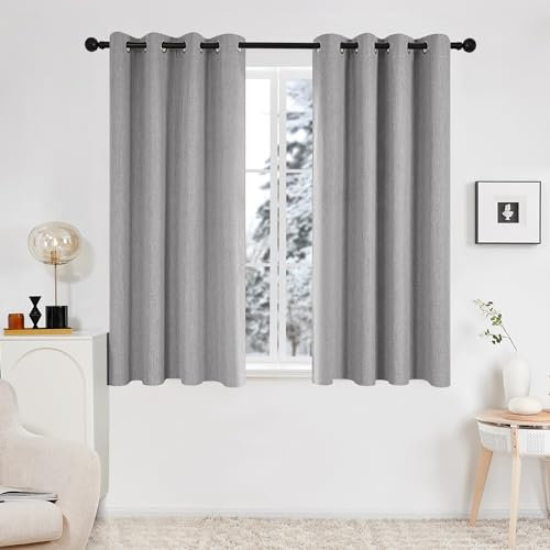 Deconovo 100% Blackout Faux Linen Curtains, Double-Sided, Thermal Insulated, Noise-Reducing, Eyelet Curtains for Bedroom & Living Room - 2 Panels (Grey 66x54)