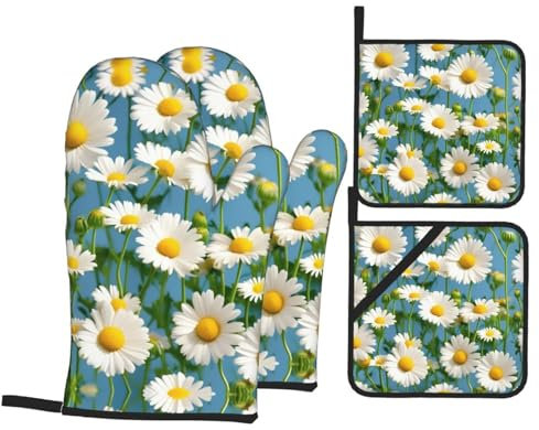 4-teiliges Set mit rutschfesten Handschuhen und Grillhandschuhen, isolierten Ofenhandschuhen und Stoffhaltern, ideal zum Kochen und Backen, weiße kleine Blumen