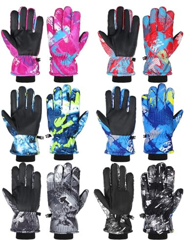 Bencailor 6 Paar Kinder Winter Handschuhe wasserdichte Kinder Ski Handschuhe Winddichte Warme Schnee Handschuhe für Kinder Jungen Mädchen (Rot, Blau, Rosa, Grau, Grün, Schwarz, 3–6 Jahre)