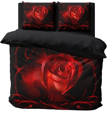 FEBE 3D Bettwäsche Rot Rose Bettbezug-Set 135x200 + Kissenbezug 80x80 cm Wendebettwäsche 2 Teilig mit Reißveschluss