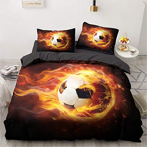 YASMENG Bettwäsche Fussball 135x200 Jungen Flamme Orange 3D Fußball Bettbezug Set Weich Mikrofaser Bettwäsche Fussball 2teilig für Jugendliche Geschenke mit Reißverschluss und 80x80 cm Kissenbezug