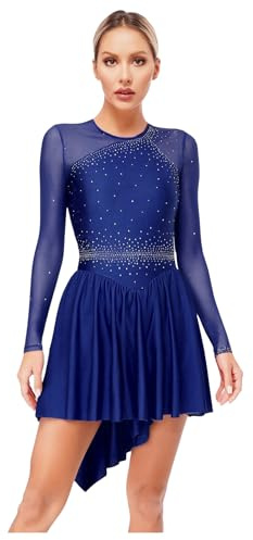 CHICTRY Eiskunstlauf Kleid Damen Langarm Glitzer Strass Rollkunstlauf Kleid Stehkragen Ballettkleid Mesh Patchwork Tanzkleid Mit Asymetrisch Rock Tanzkostüm