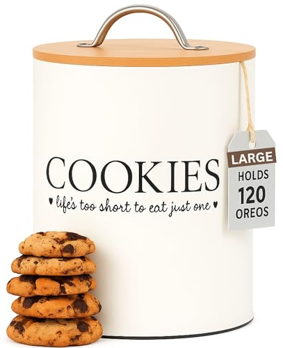 D'Lifeful Cookie Jar with Airtight Bamboo Lid – 1.1 Gallon Cute and Decorative Cookie Storage for Kitchen Countertop – Farmhouse Storage Tin for Freshness – Great Gift Idea (Off White)