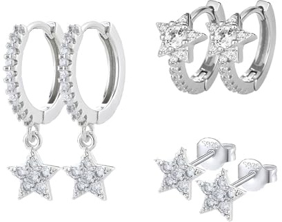 HinDaLi 3 Paia Orecchini Argento 925 Donna Orecchini Stella Orecchini Diamante Orecchini a Cerchio Con Ciondolo Stella Orecchini Donna Orecchini a Bottone Orecchini Pendenti Bambina Orecchini Argento